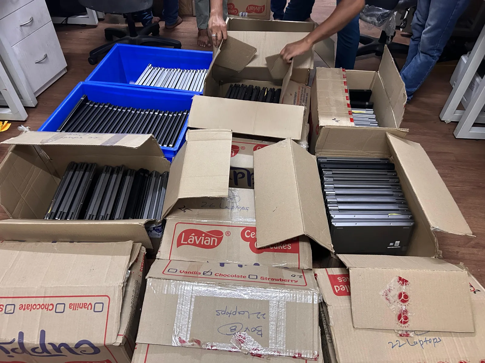 Laptops sorted & packed for dispatch